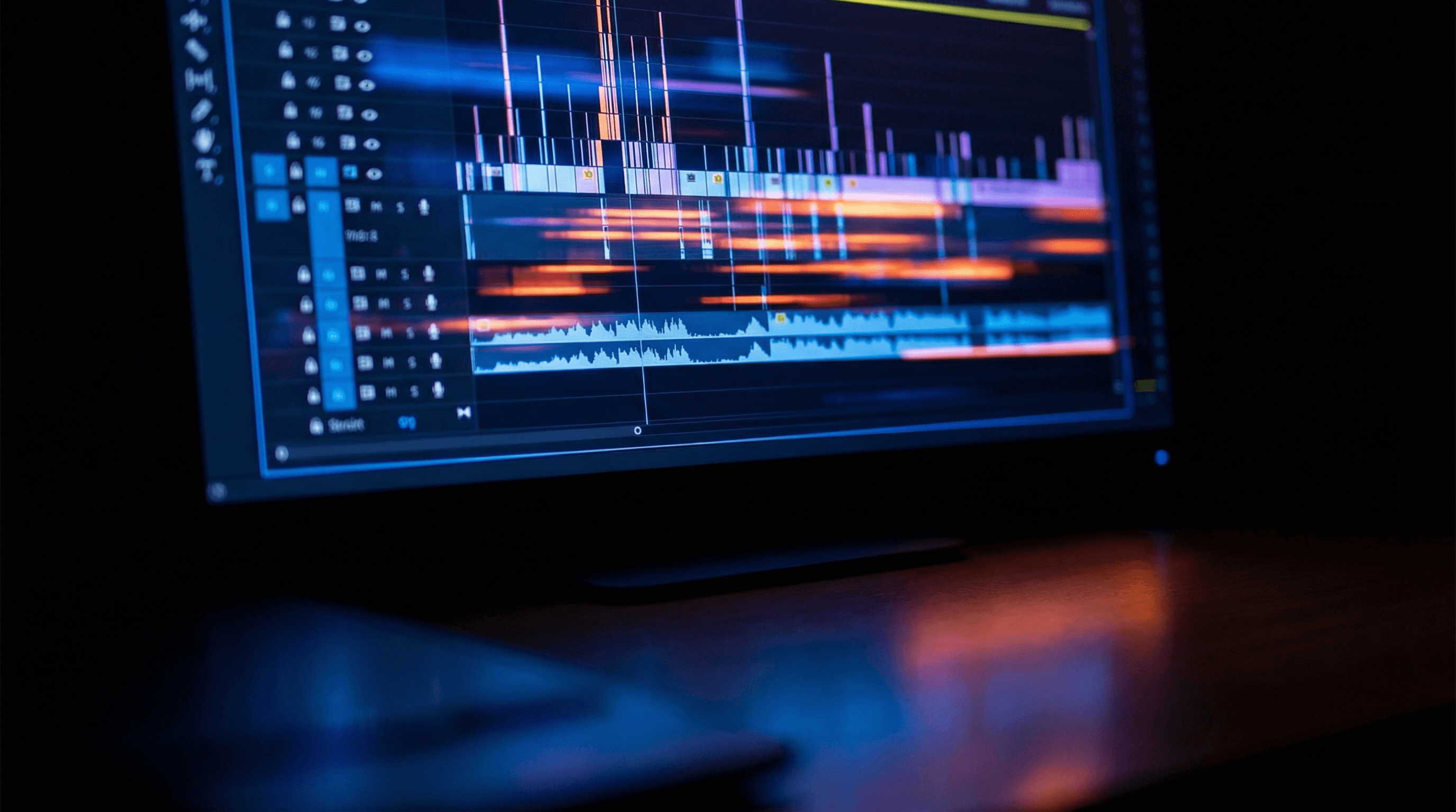 映像編集のタイムラインやオーディオ波形の抽象的なイメージ