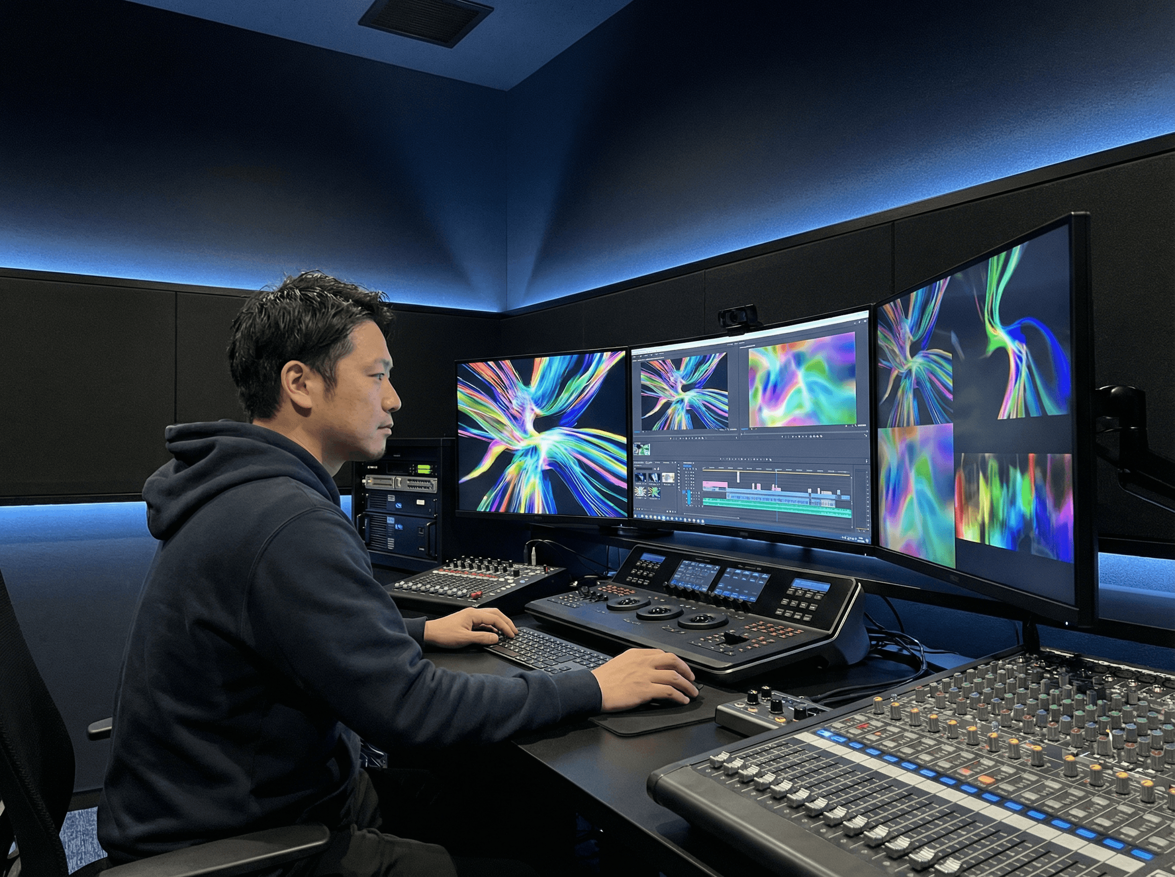 編集ソフトのタイムライン画面と仕上がった映像がモニターに映っているイメージ